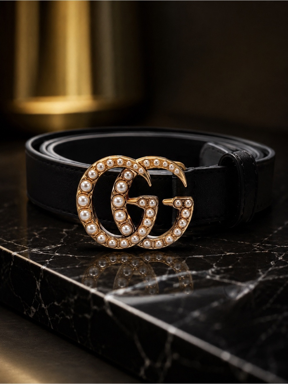 New! Gucci Black Leather Belt with Pearl-Embellished Double G BuckleThin sz 90